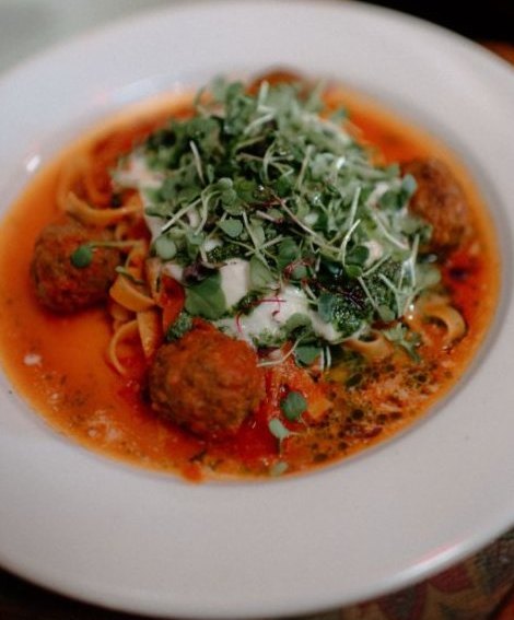 Pasta ribbons and wagyu meatballs