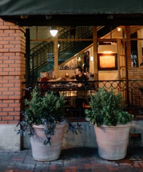 The patio entrance at night
